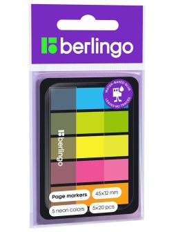 Флажки-закладки Berlingo, 45*12мм, 20л*5 неоновых цветов, в диспенсере
