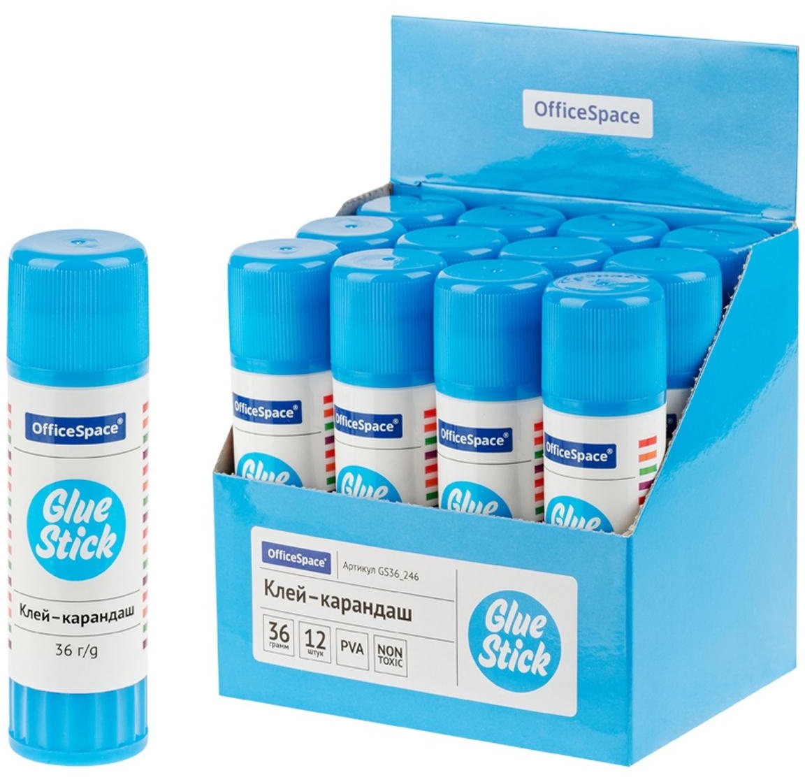 Клей-карандаш OfficeSpace, 36г, дисплей, ПВА