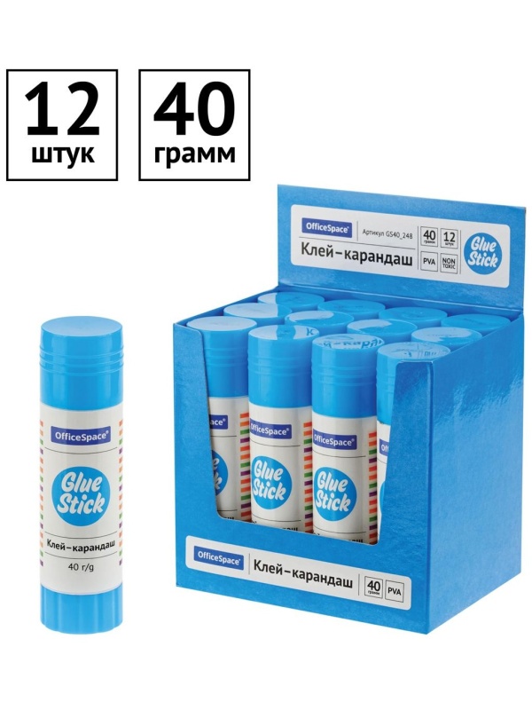 Клей-карандаш OfficeSpace, 36г, дисплей, ПВА