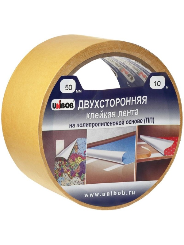 Клейкая лента двусторонняя Unibob, 50мм*25м, полипропилен, инд. упаковка