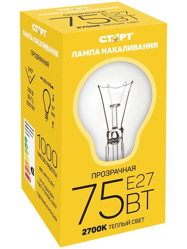 Лампа накаливания Старт Б 75W, E27, прозрачная
