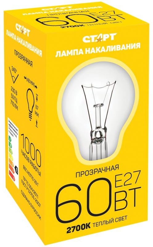 Лампа накаливания Старт Б 60W, E27, прозрачная