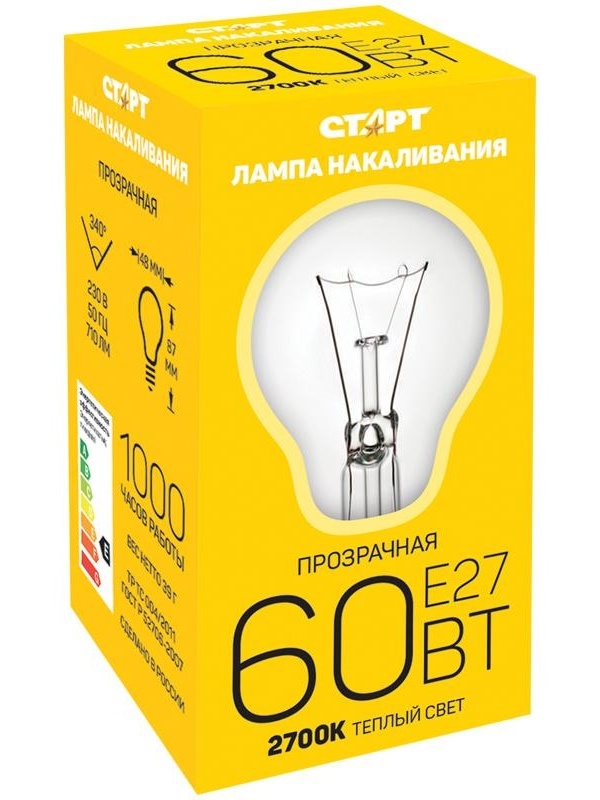 Лампа накаливания Старт Б 60W, E27, прозрачная