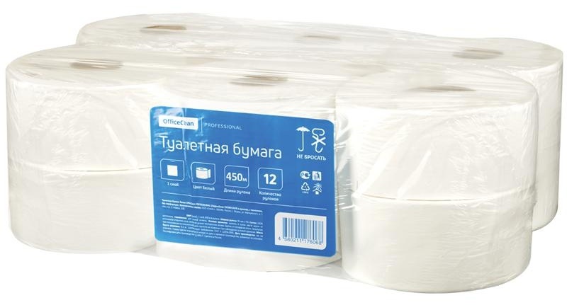 Бумага туалетная OfficeClean Professional(T2), 1-слойная, 450м/рул., белая, 12 шт.