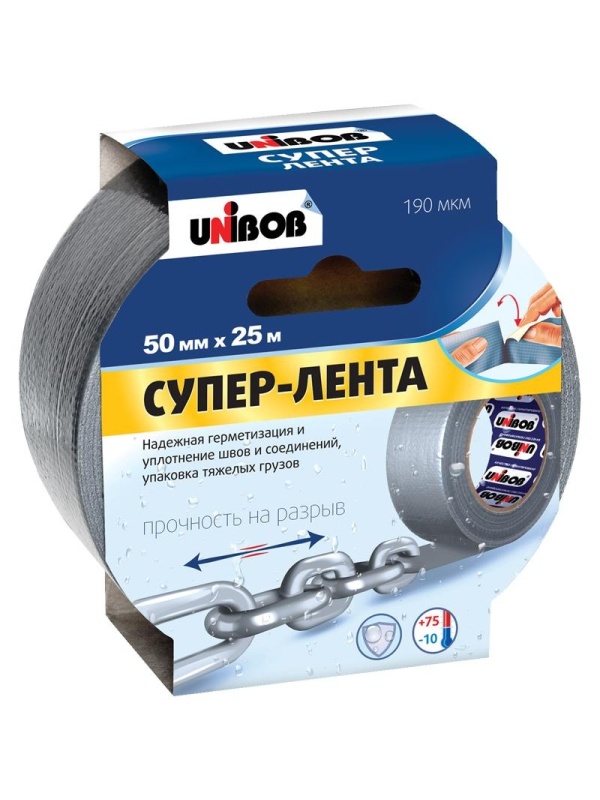 Клейкая СУПЕР-лента армированная Unibob, 50мм*25м, серая, инд. упаковка