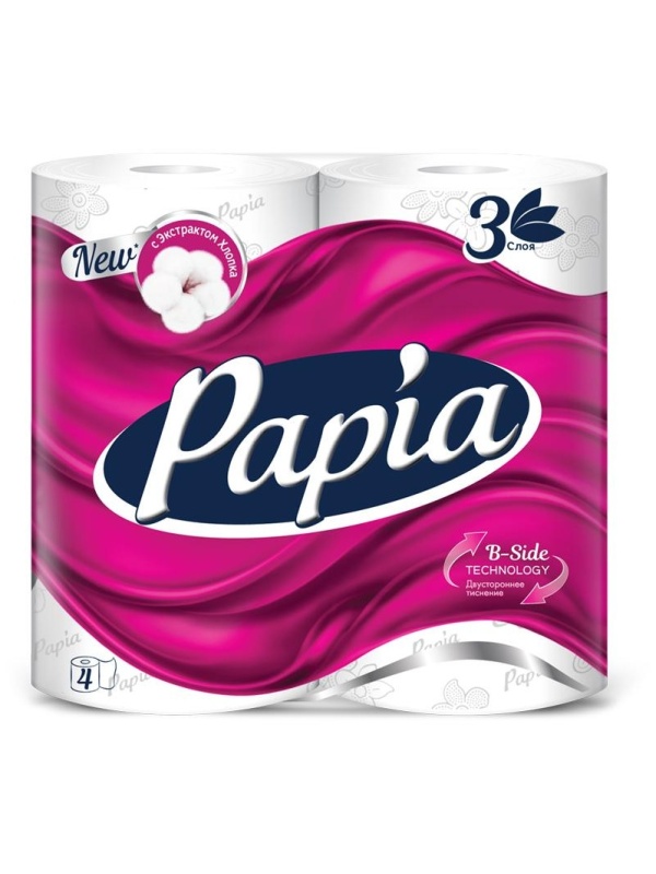 Бумага туалетная Papia, 3-слойная, 4шт., тиснение, белая