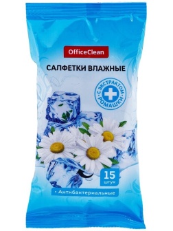Салфетки влажные OfficeClean, 15шт., антибактериальные для рук, с ромашкой