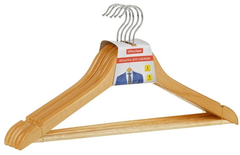 Вешалка-плечики OfficeClean, набор 5шт., деревянные, с перекладиной, 45см, цвет натуральный