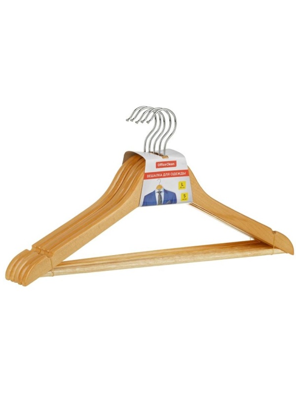 Вешалка-плечики OfficeClean, набор 5шт., деревянные, с перекладиной, 45см, цвет натуральный