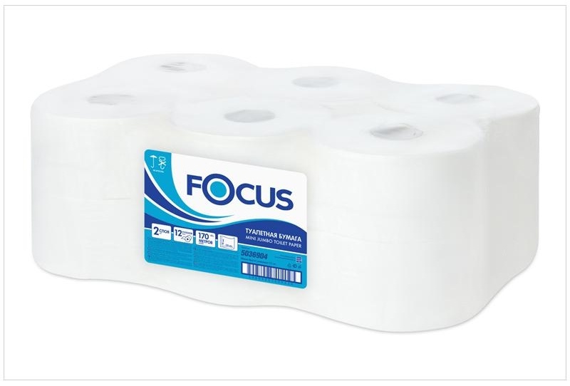 Бумага туалетная Focus Mini Jumbo (T2), 2 слойн, 170м/рул., тиснение, белая, 12 шт.
