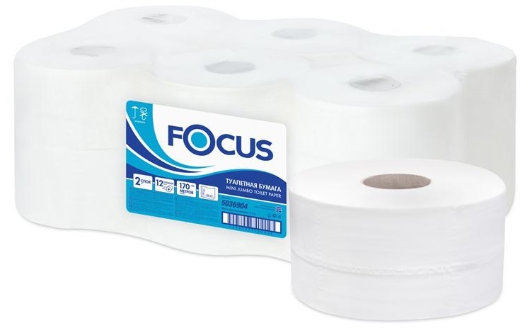 Бумага туалетная Focus Mini Jumbo (T2), 2 слойн, 170м/рул., тиснение, белая, 12 шт.
