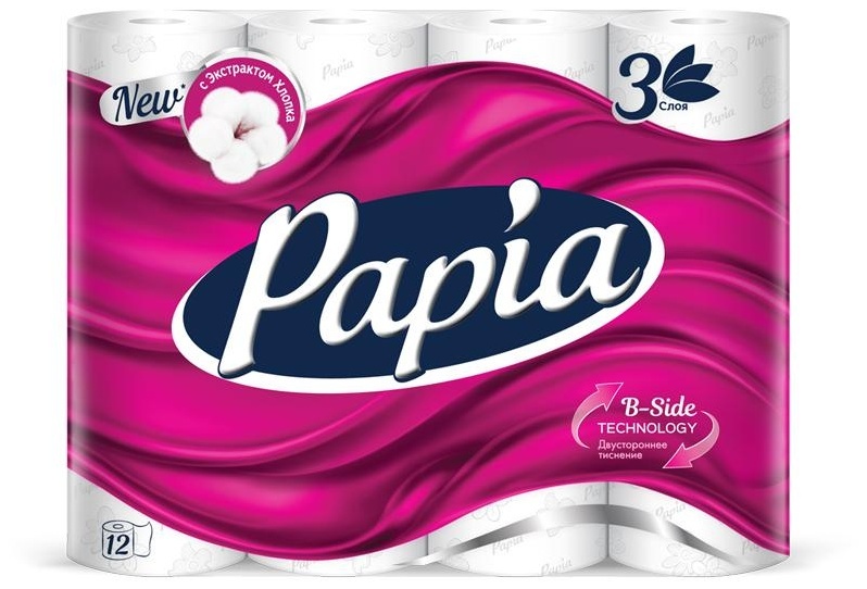 Бумага туалетная Papia, 3-слойная, 12шт., тиснение, белая, 7 уп.