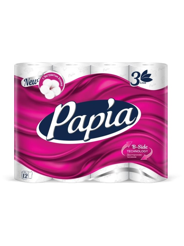 Бумага туалетная Papia, 3-слойная, 12шт., тиснение, белая, 7 уп.