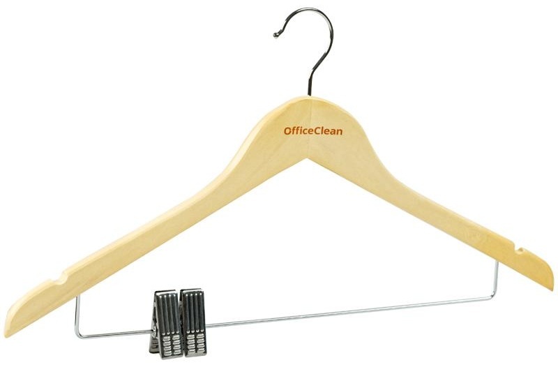 Вешалка-плечики OfficeClean, набор 3шт., деревянная, металлическая перекладина, клипсы для брюк, 45см, цвет сосна