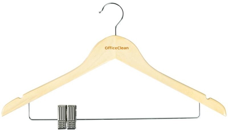 Вешалка-плечики OfficeClean, набор 3шт., деревянная, металлическая перекладина, клипсы для брюк, 45см, цвет сосна
