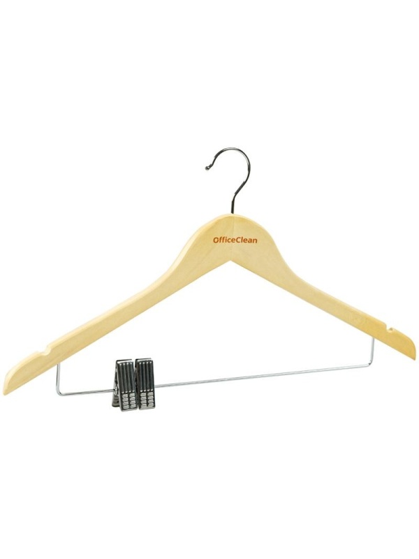 Вешалка-плечики OfficeClean, набор 3шт., деревянная, металлическая перекладина, клипсы для брюк, 45см, цвет сосна