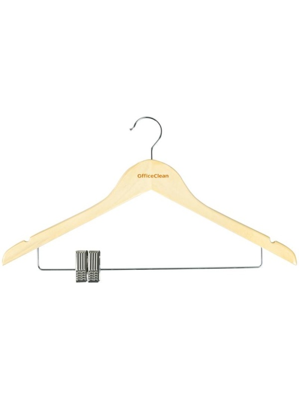 Вешалка-плечики OfficeClean, набор 3шт., деревянная, металлическая перекладина, клипсы для брюк, 45см, цвет сосна