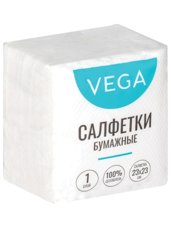 Салфетки бумажные Vega 1 слойн., 23*23см, белые, 80шт