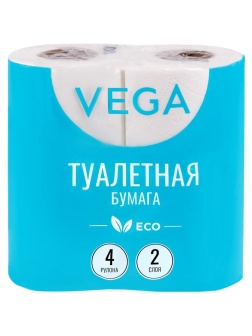 Бумага туалетная Vega 2-слойная, 4шт., эко, 15м, тиснение, белая, 12 шт.