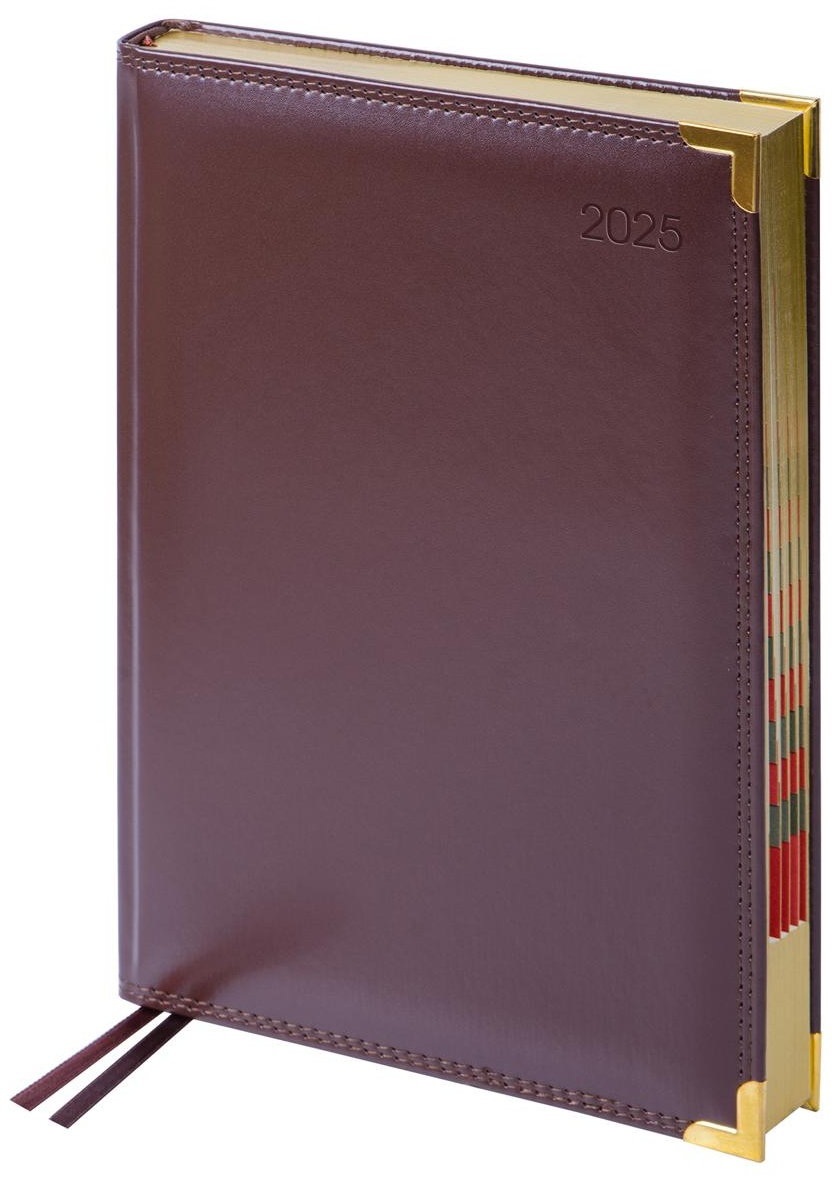 Ежедневник датированный 2025г., А4-(В5), 184л., Delucci, Гладкая кожа, зол. срез, коричневый, 1 шт.