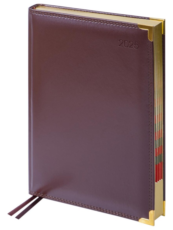 Ежедневник датированный 2025г., А4-(В5), 184л., Delucci, Гладкая кожа, зол. срез, коричневый, 1 шт.
