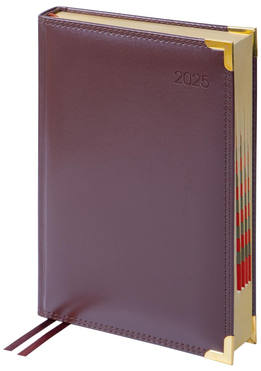 Ежедневник датированный 2025г., А5, 184л., Delucci, Гладкая кожа, зол. срез, коричневый, 1 шт.