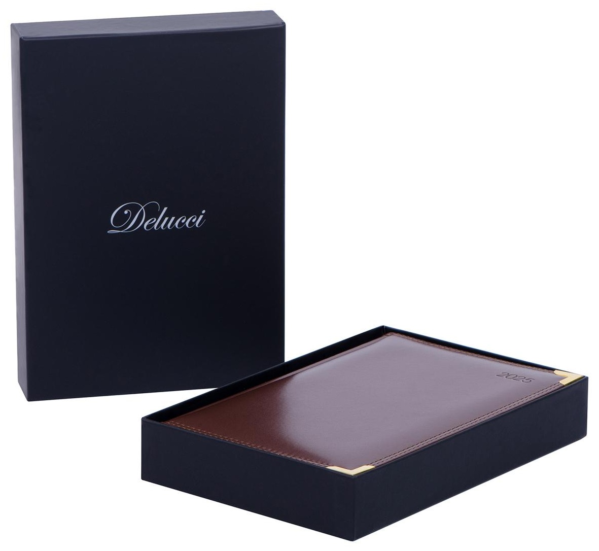 Ежедневник датированный 2025г., А5, 184л., Delucci, Гладкая кожа, зол. срез, коричневый, 1 шт.