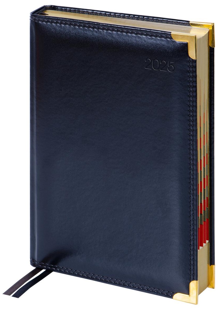 Ежедневник датированный 2025г., А5, 184л., Delucci, Гладкая кожа, зол. срез, черный, 1 шт.