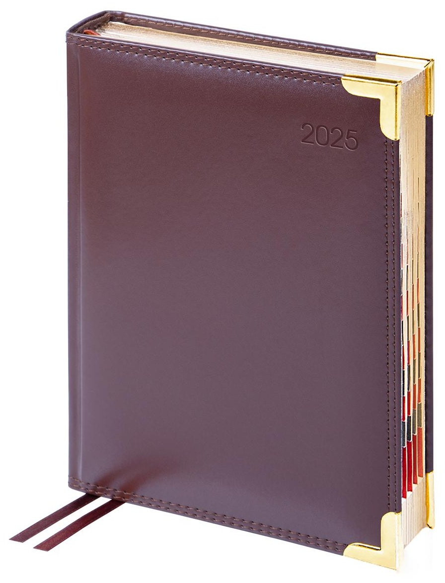 Ежедневник датированный 2025г., А6, 184л., Delucci, Гладкая кожа, зол. срез, коричневый, 1 шт.