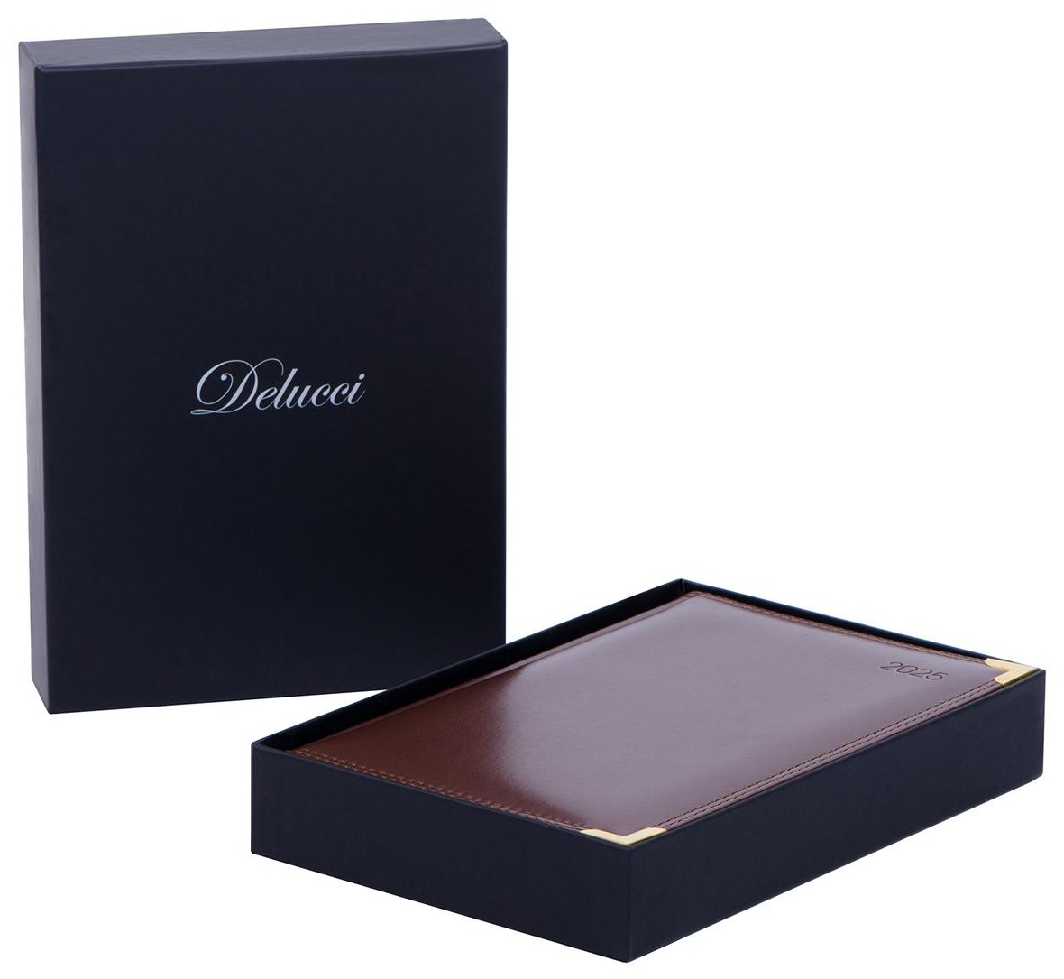 Ежедневник датированный 2025г., А6, 184л., Delucci, Гладкая кожа, зол. срез, коричневый, 1 шт.