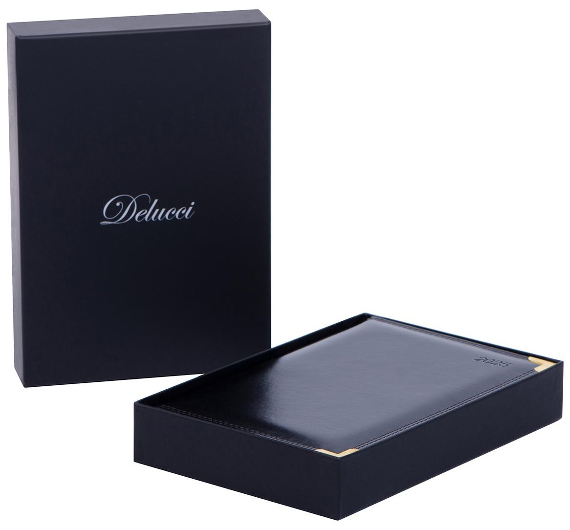 Ежедневник датированный 2025г., А6, 184л., Delucci, Гладкая кожа, зол. срез, черный, 1 шт.