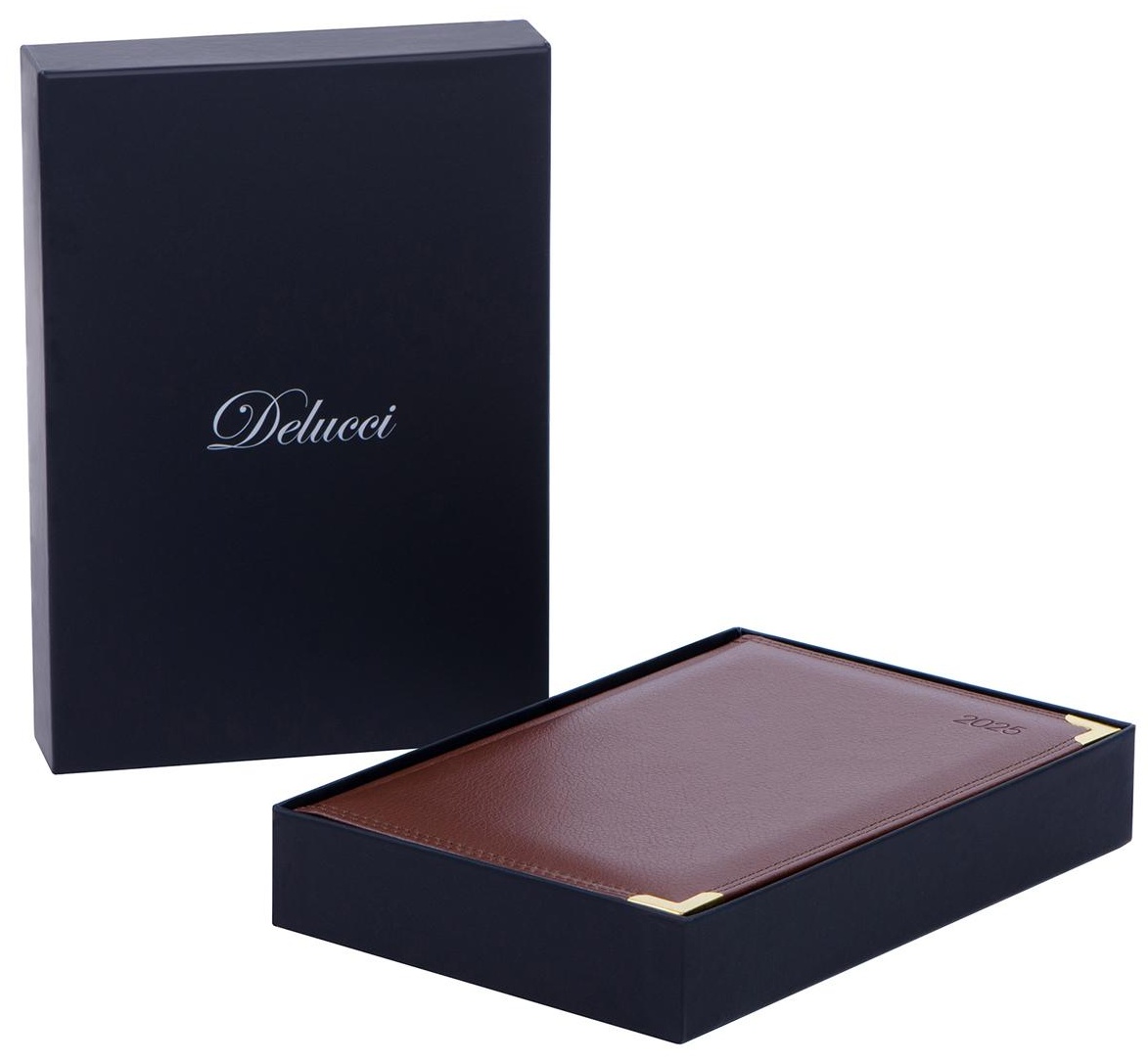 Ежедневник датированный 2025г., А6, 184л., Delucci, Фактурная кожа, зол. срез, коричневый, 1 шт.