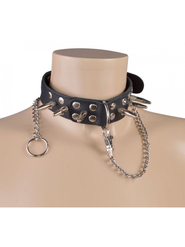 Чёрный кожаный ошейник с шипами и велюровой подкладкой