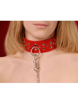 Красный кожаный ошейник с карабином и поводком