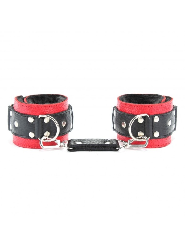 Красно-чёрные кожаные наручники с меховым подкладом