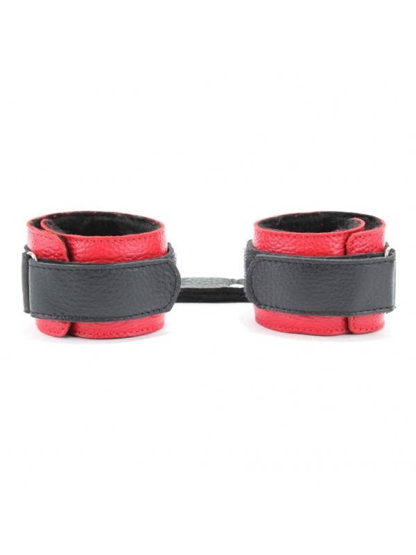 Красно-чёрные кожаные наручники с меховым подкладом