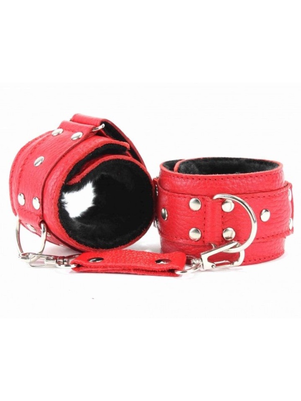 Красные кожаные наручники с меховым подкладом