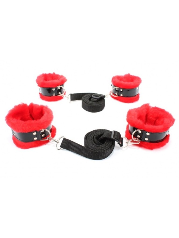 Черно-красный набор для фиксации на кровати с мехом