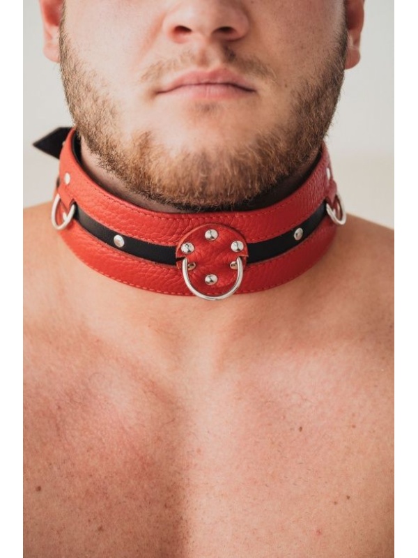 Красно-чёрный кожаный ошейник увеличенного размера