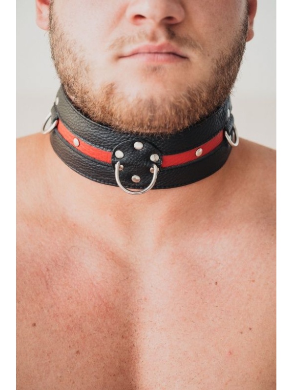 Черно-красный кожаный ошейник увеличенного размера