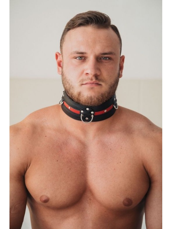 Черно-красный кожаный ошейник увеличенного размера