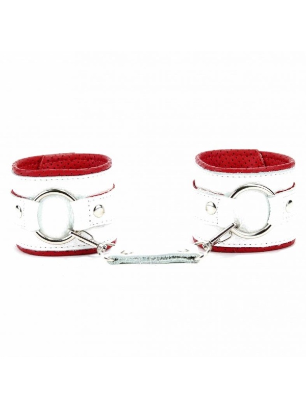Бело-красные кожаные наручники с кольцом