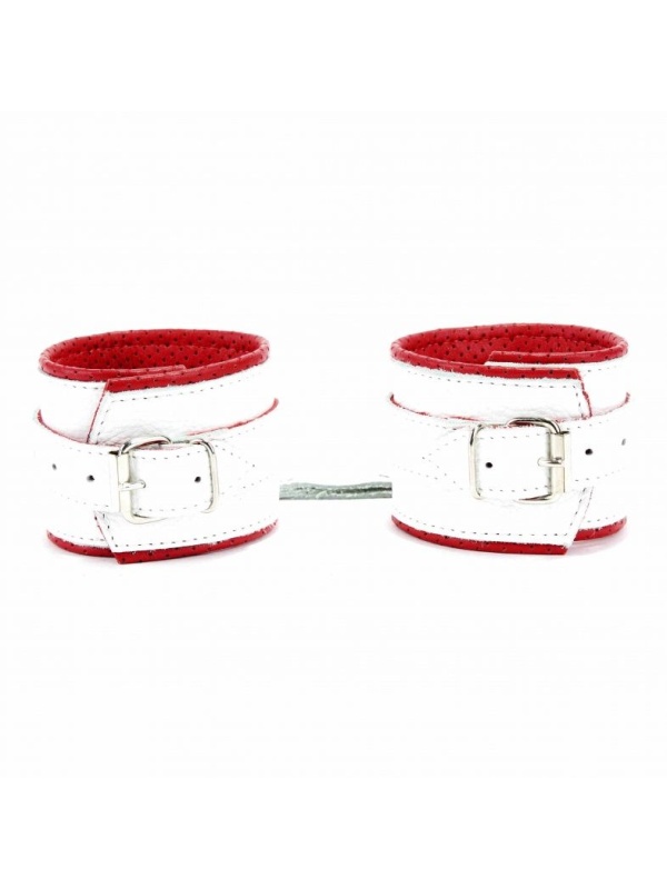 Бело-красные кожаные наручники с кольцом