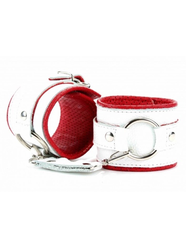Бело-красные кожаные наручники с кольцом