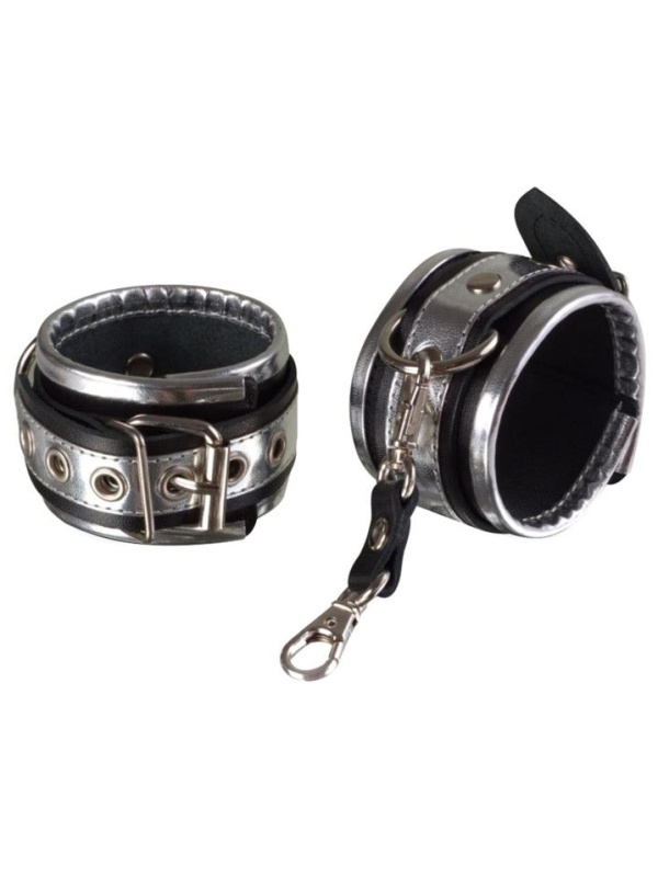 Серебристо-чёрные кожаные наручники