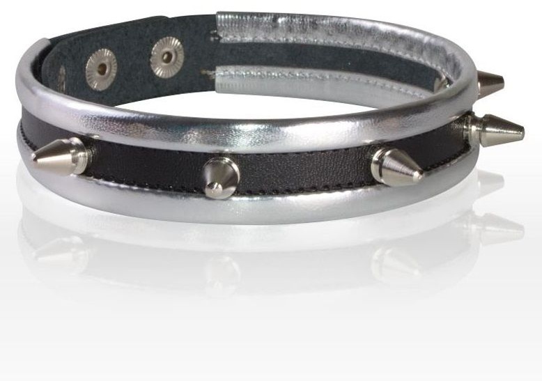 Серебристо-черный узкий ошейник с шипами