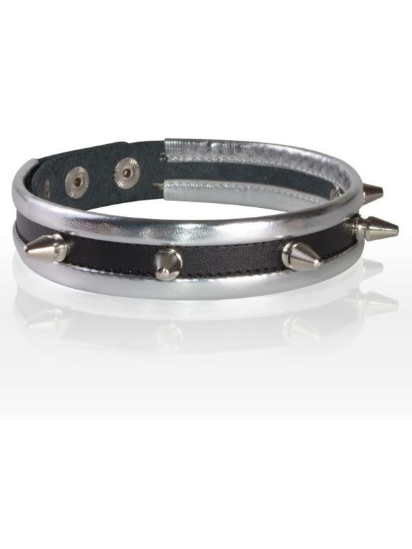 Серебристо-черный узкий ошейник с шипами