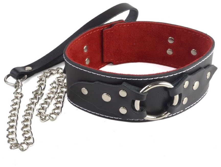 Чёрный кожаный ошейник с красной изнанкой и поводком
