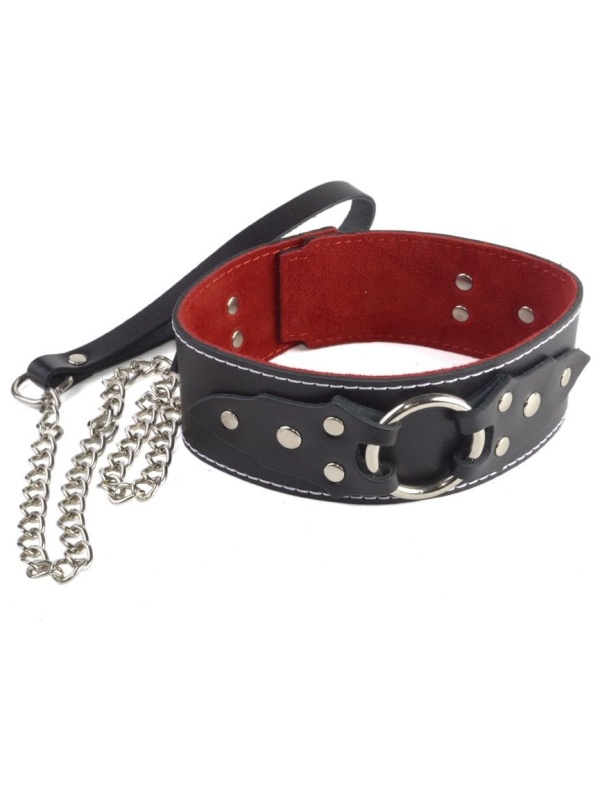Чёрный кожаный ошейник с красной изнанкой и поводком