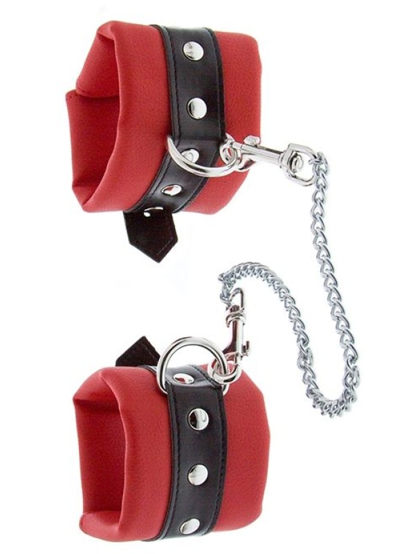 Красно-чёрные наручники на металлической цепочке